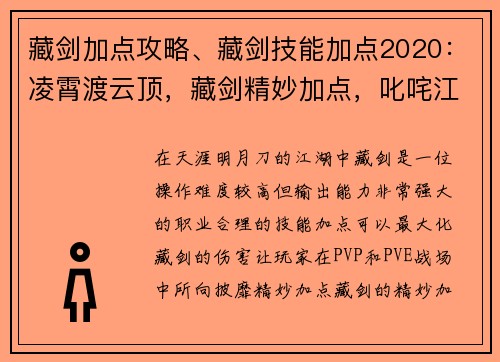 藏剑加点攻略、藏剑技能加点2020：凌霄渡云顶，藏剑精妙加点，叱咤江湖